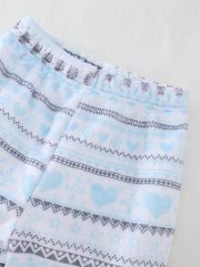 SHEIN Genkimix Kids 女童粉色3D蝴蝶结卡通企鹅刺绣长袖上衣+毛绒长袖家居服套装 - 淺藍色 - 查看 6