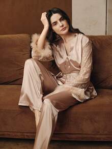 Anewsta 女士蕾丝拼接长袖上衣和裤子睡衣套装，秋季服装，冬季服装 - 香檳色 - 查看 6