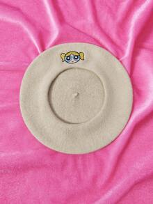 THE POWERPUFF GIRLS X SHEIN Beretă brodată cu desene animate pentru femei, la modă, de zi cu zi - Bej - Vizualizare 1