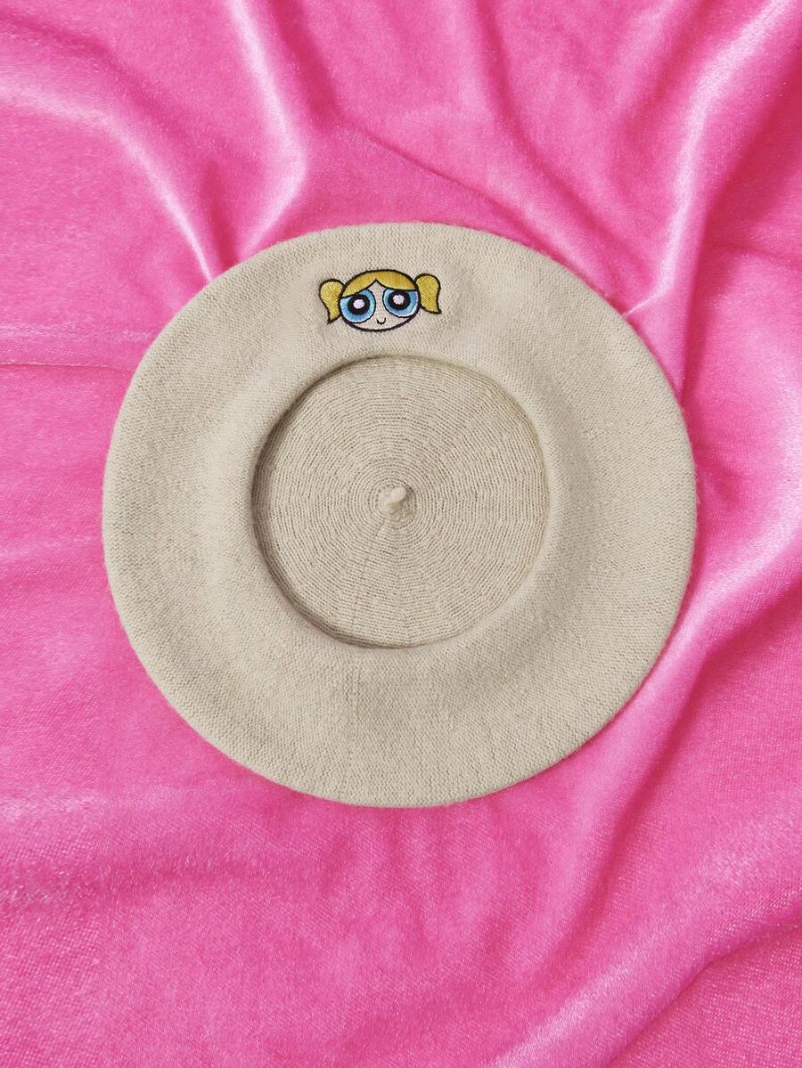 THE POWERPUFF GIRLS X SHEIN Beretă brodată cu desene animate pentru femei, la modă, de zi cu zi - Bej - Vizualizare 1