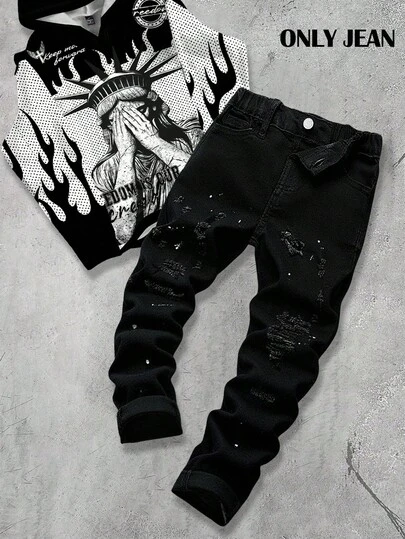 Bolty New Vintage Young Boy Fashion Casual Soft Splatter Paint Ripped Frayed Skinny Black Jeans Fall Winter,Casual And Versatile Fall/Winter Dailywear And Streetwear, Christmas, New Year,Thanksgiving,Stylish,Graduation