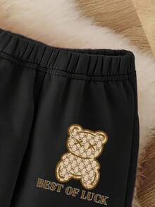 SHEIN 2 件套女婴休闲可爱卡通熊和字母印花圆领运动衫和运动裤套装，秋季服装 - 彩色 - 查看 6