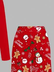 SHEIN Leap Crew 2pcs/Set Teen Girls Christmas Cartoon Santa Claus, Gingerbread Man, Snowman, Christmas Tree, Bell, Candy Cane, Snowflake Pattern Round Neck Long Sleeve T-Shirt And Loose Pants Pajama Set, Suitable For Holiday Season - Multicolor - View 5