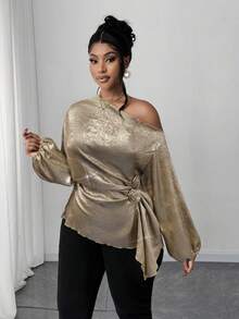 Maweii Cămașă elegantă casual pentru femei, mărime plus, cu umeri oblici, decor 3D cu trandafiri plisați, talie strânsă, material strălucitor, potrivită pentru primăvară, toamnă, iarnă