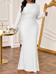 Fleurora Autumn And Winter Elegant Party Wedding Cocktail Concert/Music Festival White Knitted Metal Off-The-Shoulder Mermaid Ruffle Long Sleeve Plus Size Dress Long Sleeve Elegant Dress White Mermaid Dress White Dinner Dress Long Sleeve Gown Elegant White Dress Curve  Winter Dress   New Year Dress  White Outfit For New Year's Eve White Dress Réveillon Elegant Party Dresses Spring Outfit Women  Party Dress  Wedding Guest Dress For Women  Birthday Dress - White - View 5