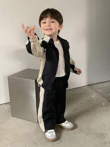 DAZY 2pcs Toddler Boys Casual Contrast Color Jacket And Pants Set - Black and White - View 8