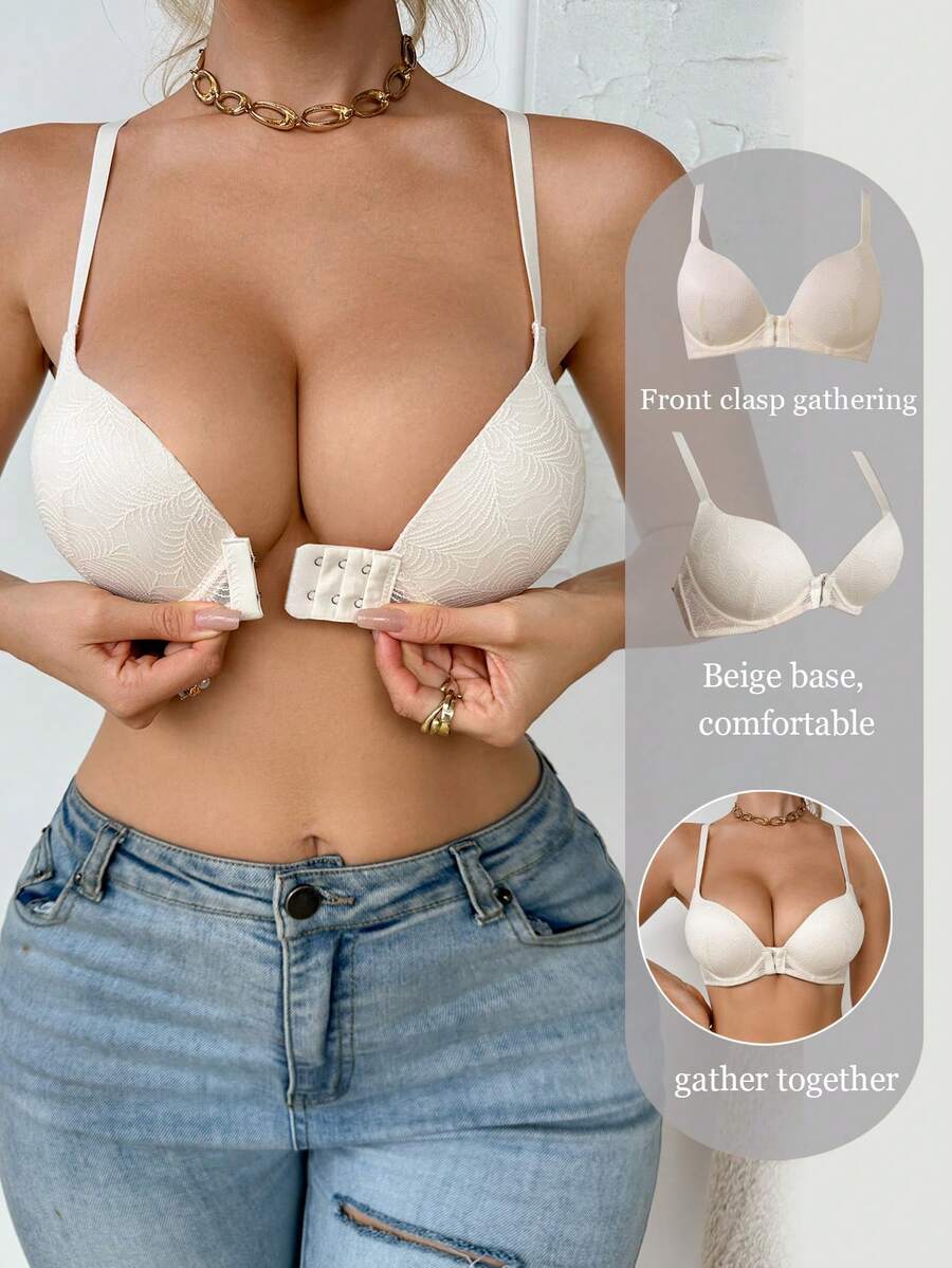 DesireSculpt 1pc Fashionable Lace Minimalist Front Closure Wireless Bra - Beige - View 1