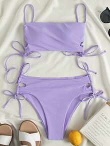 Swim Mod Summer Beach Self Tie Bikini Set - Lilac Purple - View 2