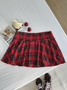 Comfortcana 秋冬大码黑色和红色格子休闲派对衬里迷你裙 - 紅色 - 查看 9