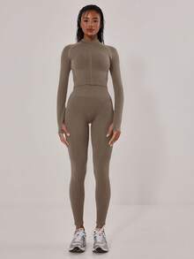 Musera Sport Stitched Seam Detail Cropped Long Sleeve Full Zip Top Jacket,Padel, Tennis, Pickleball Gym Fitness Fall Winter - Mocha Brown - View 4