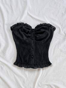 Soleia 白色休闲纹理面料荷叶边抹胸上衣，适合度假、海滩、夏季、波西米亚风、钩针编织、亚麻等风格。