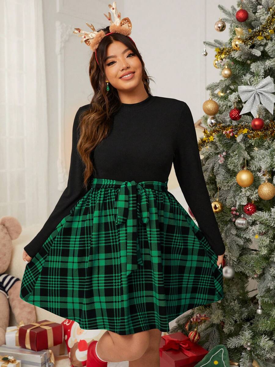 SHEIN EZwear 大尺碼女款圓領長袖拼接橄欖綠格紋下擺洋裝,黑色,秋季,可愛,聖誕穿搭,冬季優雅休閒派對 - 墨綠色 - 查看 1