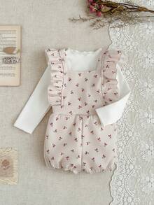 SHEIN Baby Girl 2pcs/Set Fall Outfits For Girl Casual Daily Style Loose Suit, Long Sleeves Basic Top&Heart-Printing Bodysuits - Apricot - View 7