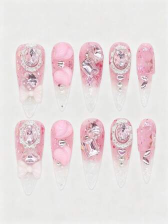 Kawaii 10 Stücke Farbverlauf Rosa Maniküre Patches + 3 Stücke doppelseitiges Klebeband, Y2K hochwertige handbemalte Kunstnägel, geeignet für den täglichen Gebrauch in allen Jahreszeiten und auch für tägliche Anlässe wie Partys und Tanzveranstaltungen