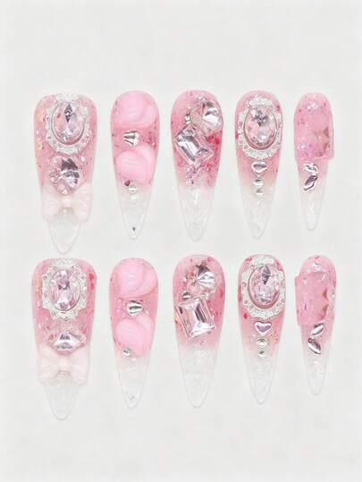 Kawaii 10 Stücke Farbverlauf Rosa Maniküre Patches + 3 Stücke doppelseitiges Klebeband, Y2K hochwertige handbemalte Kunstnägel, geeignet für den täglichen Gebrauch in allen Jahreszeiten und auch für tägliche Anlässe wie Partys und Tanzveranstaltungen