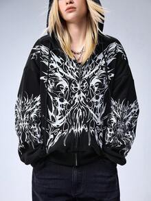 ROMWE EDITION Oversized Thorn Print Zip-Up Sweatshirt For Women - Black - View 2