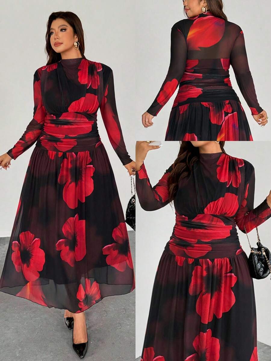 SHEIN Privé Plus Size Black And Red Autumn Elegant Party Cocktail Dress,Floral Mesh Elastic Print,Stand Collar,Shoulder Waist Ruching,Long Sleeve Flared Hem - Multicolor - View 1