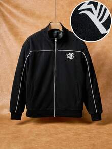 Manfinity Hypemode Men Fleece, Letter Print, Black Outdoor Windbreaker Jacket , Fall/Winter - Black - View 8