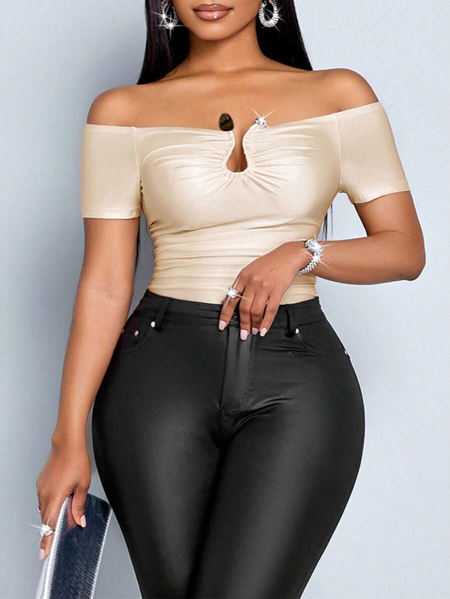 SOLERSUN Camiseta ceñida de mujer con hombros descubiertos, manga corta y plisados, de unicolor - Albaricoque - Ver 1