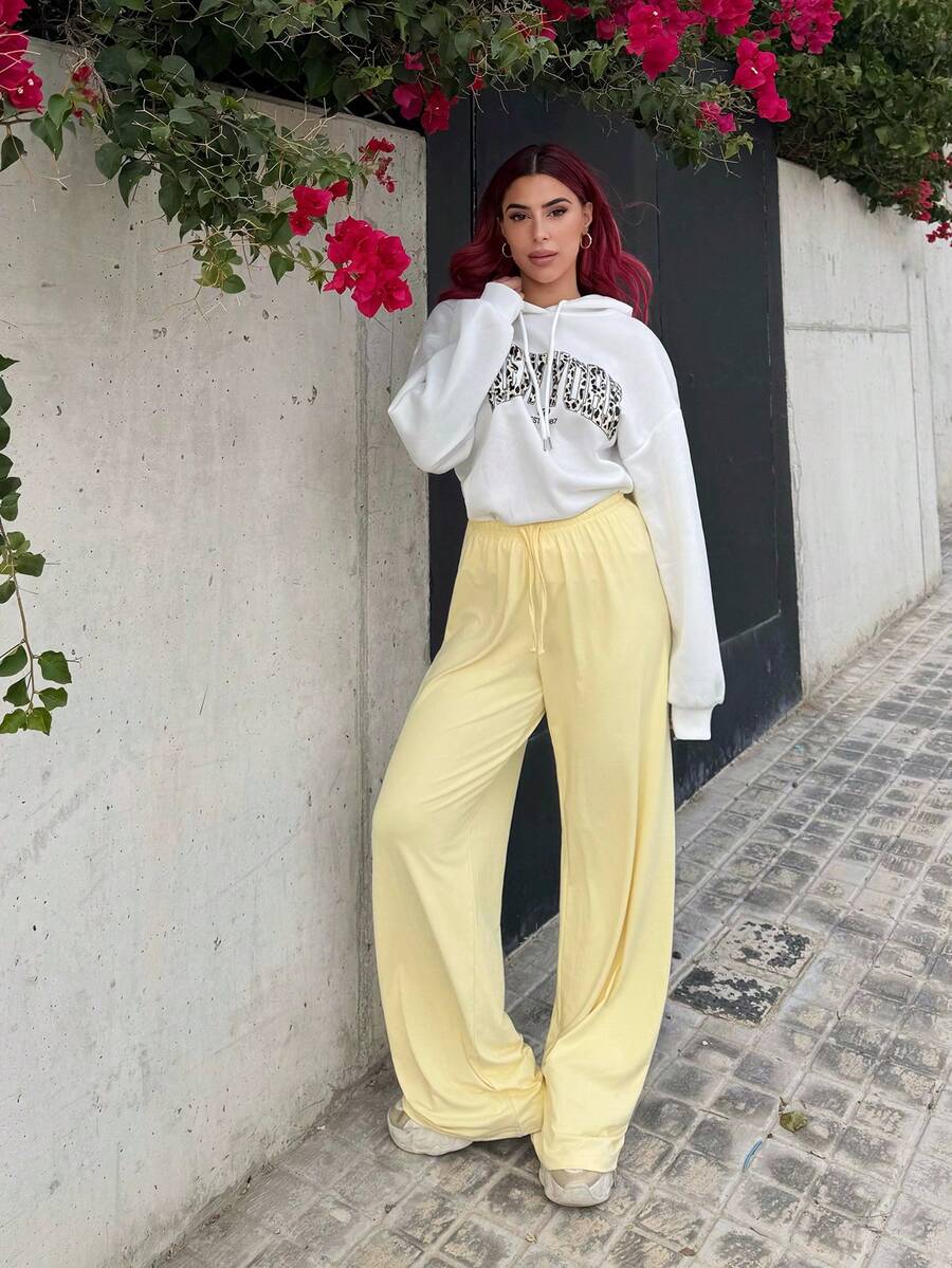 Bearsaez Soft White Knitted Home Baggy Pants, Loose Pants,Butter Yellow