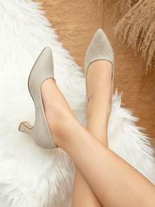 Zapato de tacón delgado para mujer con brillo de lentejuelas, punta fina sin cordones, estilo elegante para fiesta y evento - Champán - Ver 3