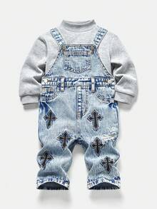 Bubblio New Vintage Baby Boys' Urban Street Cool Cross Embroidered Pattern Ripped Blue Denim Bib Overalls Jumpsuit Fall Winter,Without Top,For Baby Fall/Winter Dailywear Outfits,Boys Streetwear Outfits,Christmas Outfits,,Boys New Year Outfit,Thanksgiving Outfit For Boys,Stylish Clothing Collection,Winter Clothes,Toddler Overlls,Warm Clothes - Light Wash - View 6