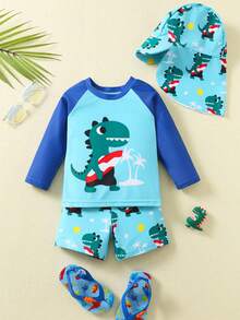 SHEIN Bộ 3 quần short tay dài in hình cây dừa và động vật hoạt hình cho bé trai/bé gái đi nghỉ hè thường ngày kèm mũ chống nắng, đồ bơi phù hợp mặc mùa xuân/hè, ở nhà, đi chơi, du lịch, đi biển, hồ bơi, tiệc tùng - màu xanh lá - Xem 5