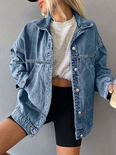 ZIRRA Women's Autumn Dropped Shoulder Long Sleeve Single-Breasted Casual Pocket Denim Jacket
