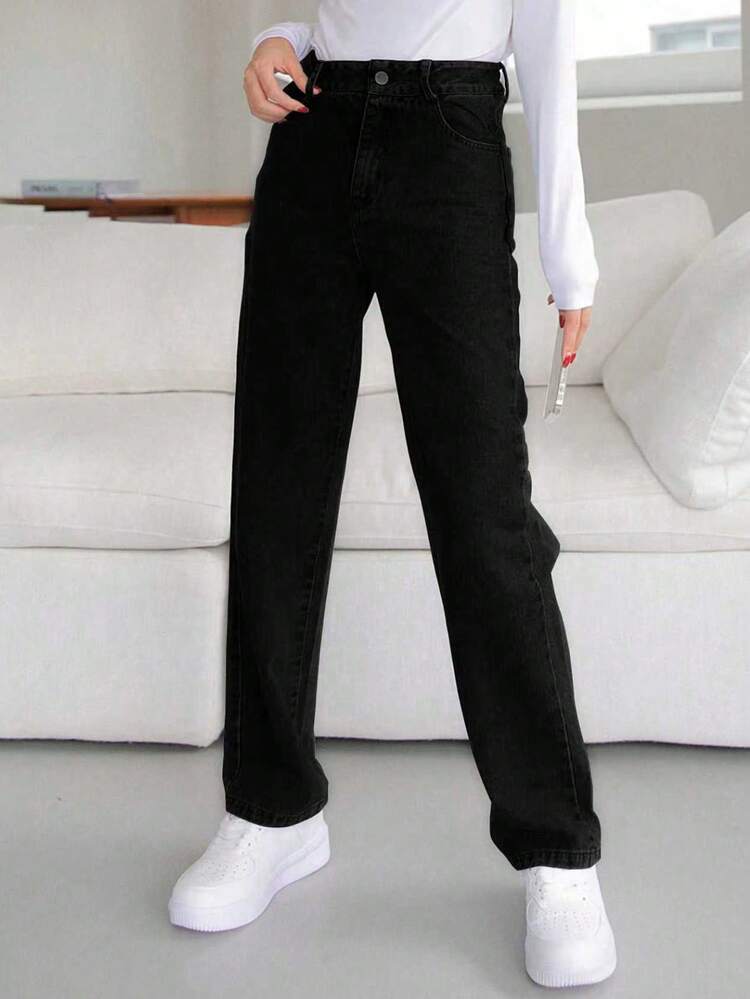 DAZY Women's High Waist Pockets Straight Loose Casual Versatile Denim Jeans - Black - View 6