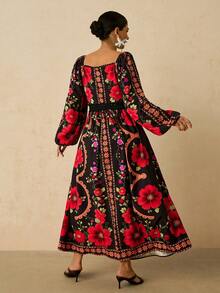 Travachic 大码女式黑红印花长款连衣裙，V领长袖，腰部拼接蕾丝边饰，前开衩浪漫约会西班牙风连衣裙 - 黑色 - 查看 4