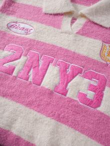 ROMWE MEN Men's Preppy Letter Embroidery Striped Pattern Casual Pullover Sweater, Long Sleeve Top - Apricot - View 4