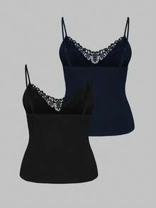 SHEIN LUNE Plus Size Lace Patchwork Solid Color Camisole 2 Pieces Set - Multicolor - View 2
