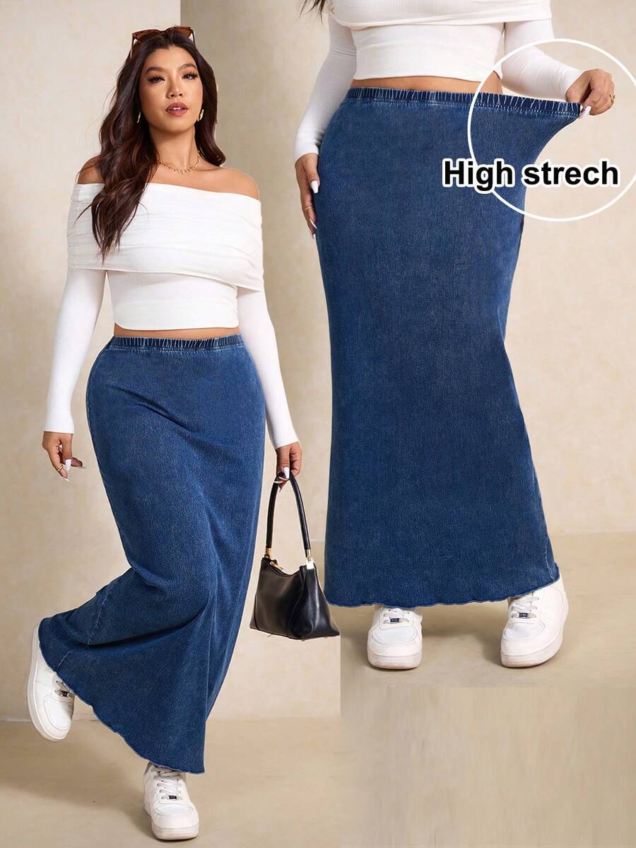 SHEIN Elaquor 大码女式弹力腰长款休闲牛仔鱼尾裙