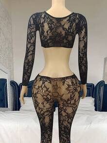 ChaseTheNight Women's Sexy Lingerie Jumpsuit, Sheer Long Sleeve See-Through Black Mesh For Going Out - Black - View 2