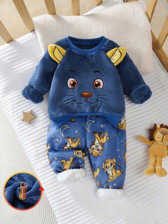 SHEIN Perso Play 2 delar pyjamasset med rund halsringning i fleece med tecknad grafik och långärmad topp och byxor för babypojkar