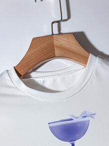 Y2K 鸡尾酒风图案印花修身短款短袖圆领 T 恤女士 - 白色 - 查看 3