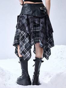 ROMWE EDITION Grunge 星形扎染格子拼接 PU 流苏 A 字迷你裙