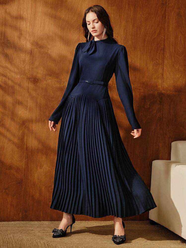 Women's Elegant Ruffle Hem Tie Waist Puff Sleeve Midi Dress, Casual & Chic For Dates, Autumn/Winter