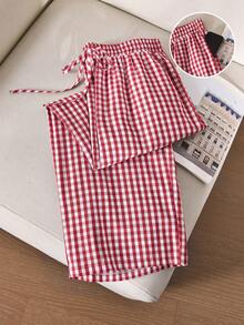 CosyJoli Quần ống rộng màu hồng thanh lịch dành cho nữ cỡ lớn, quần ống rộng thời trang mùa xuân hè công sở thường ngày, quần có túi. Quần đi biển, quần đi biển, quần du lịch, quần đi biển, quần kẻ caro rộng thùng thình cho sinh viên đại học, quần đi chơi ngày lễ tình nhân. - Đỏ và trắng - Xem 4