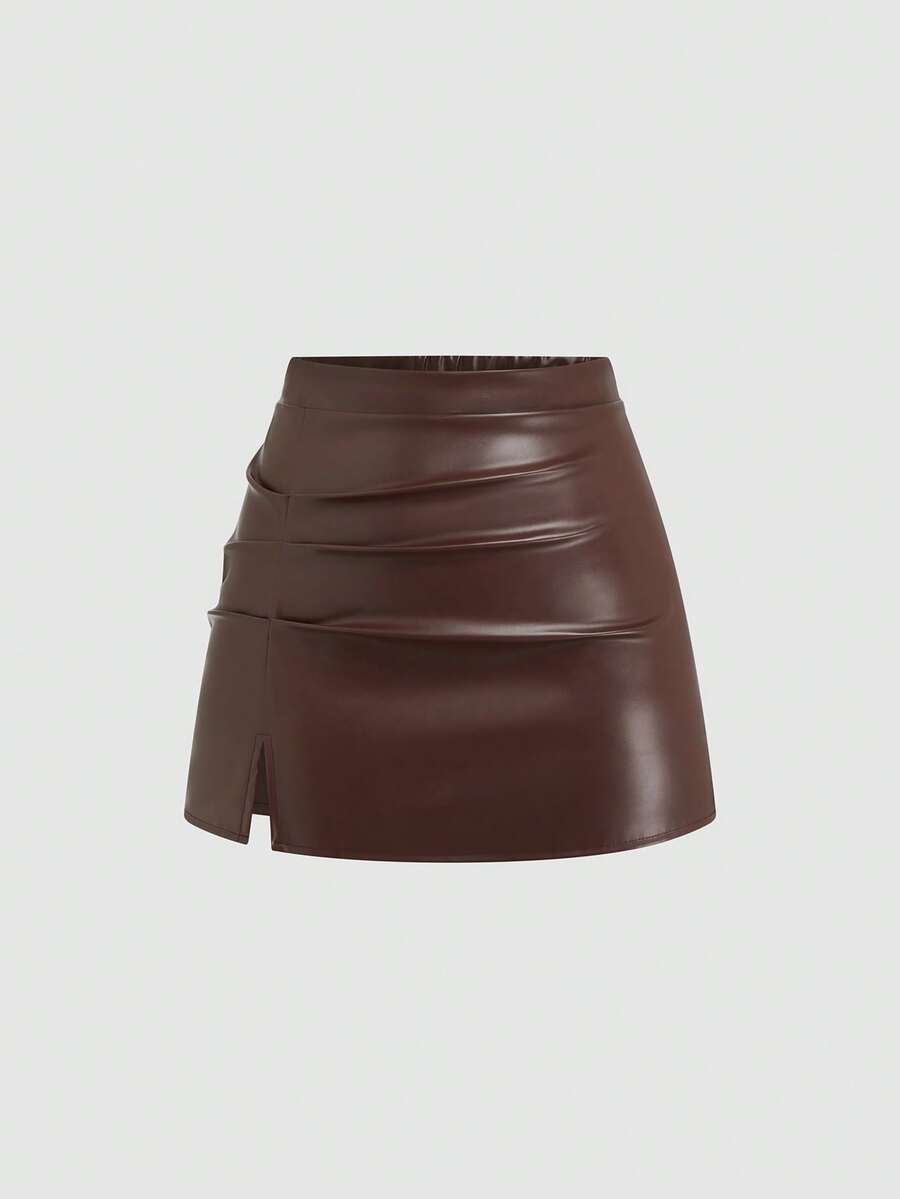 Sweetra Plus Size Pleated PU Leather A-Line Mini Skirt, Slit Design, Flattering Fit Fall - Brown - View 1