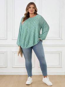 SHEIN CURVE+ 大码女式彩色华夫格针织套头卫衣，秋冬季 - 綠色 - 查看 7