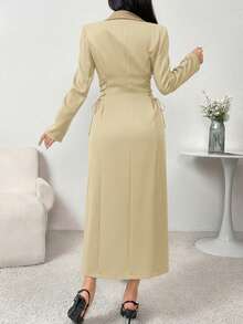 Modelyn Women's Elegant Commuter Lapel Neck Double-Breasted Side Tie Jacket, Autumn - Khaki - View 3