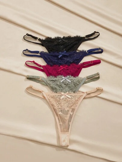 Charlaine 5条/包 女士低腰蕾丝丁字裤，随机心形图案