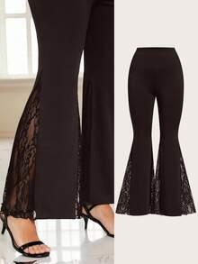 SHEIN Clasi Quần ống loe bó sát phối ren co giãn cỡ lớn màu đen - màu nâu - Xem 1