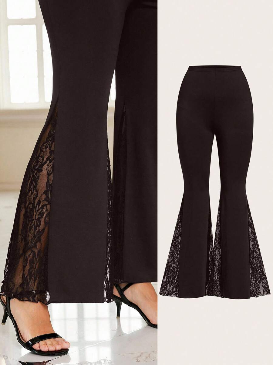 SHEIN Clasi Quần ống loe bó sát phối ren co giãn cỡ lớn màu đen - màu nâu - Xem 1