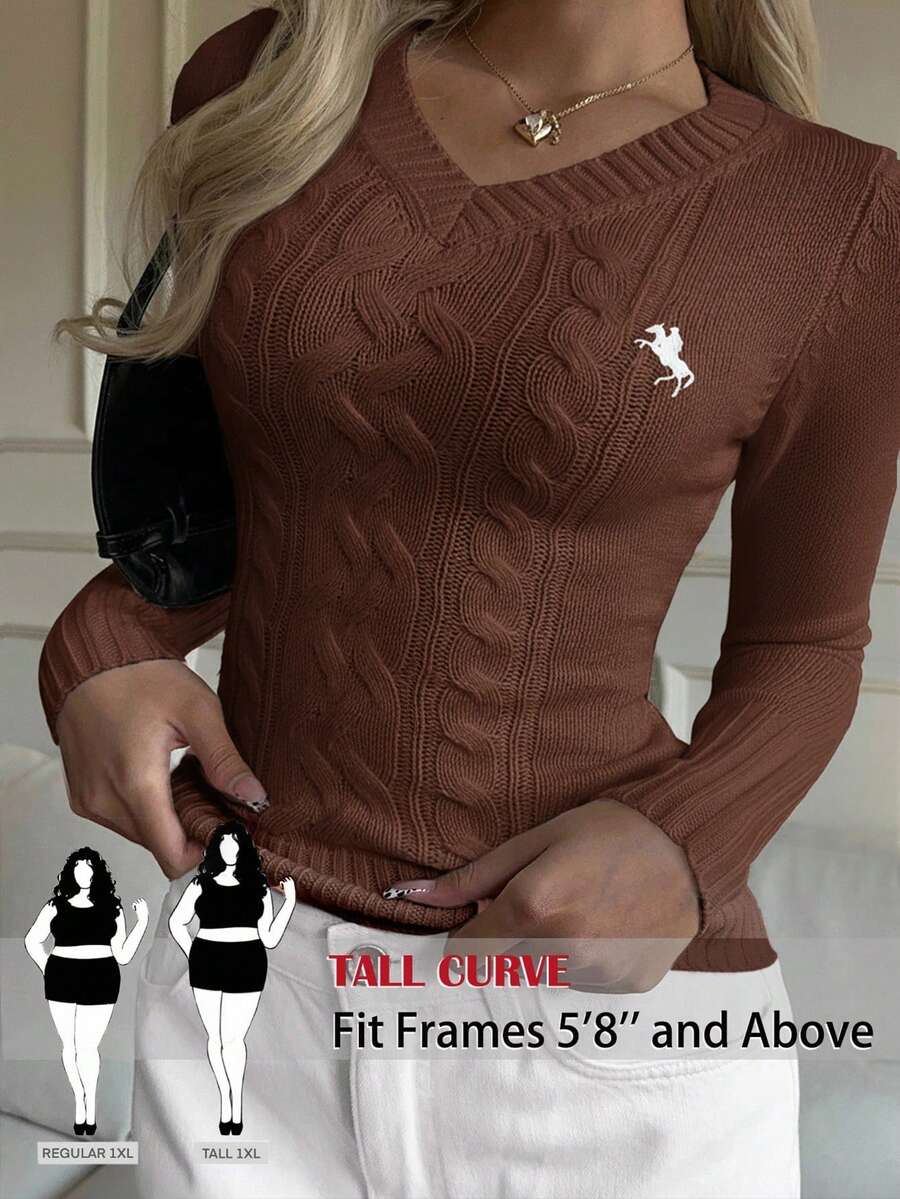 SHEIN Tall CURVE 大码女式骑士图案长袖V领毛衣，秋冬款 - 棕色 - 查看 1