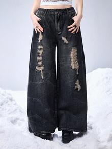 ROMWE Grunge Punk Relaxed Fit Grunge Vintage Distressed Design Oversized Skull Print Women Jeans - Blue - View 4