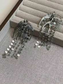 ROMWE 1 Đôi bông tai tua rua và chim phóng đại dành cho nữ - Bạc - Xem 6