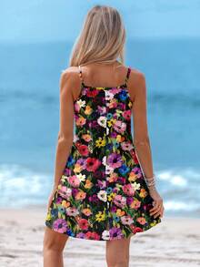 Sylviya V 领花卉印花迷你连衣裙，休闲优雅，适合度假、约会、派对，时尚吊带背心连衣裙，黑色背景 - 彩色 - 查看 2