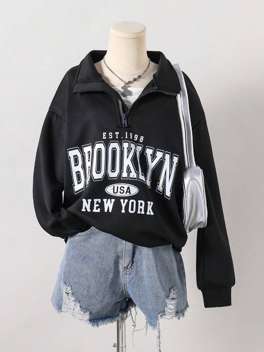 1件装少女圆领半拉链布鲁克林字母印花长袖套头卫衣，秋季款 - 黑色 - 查看 1